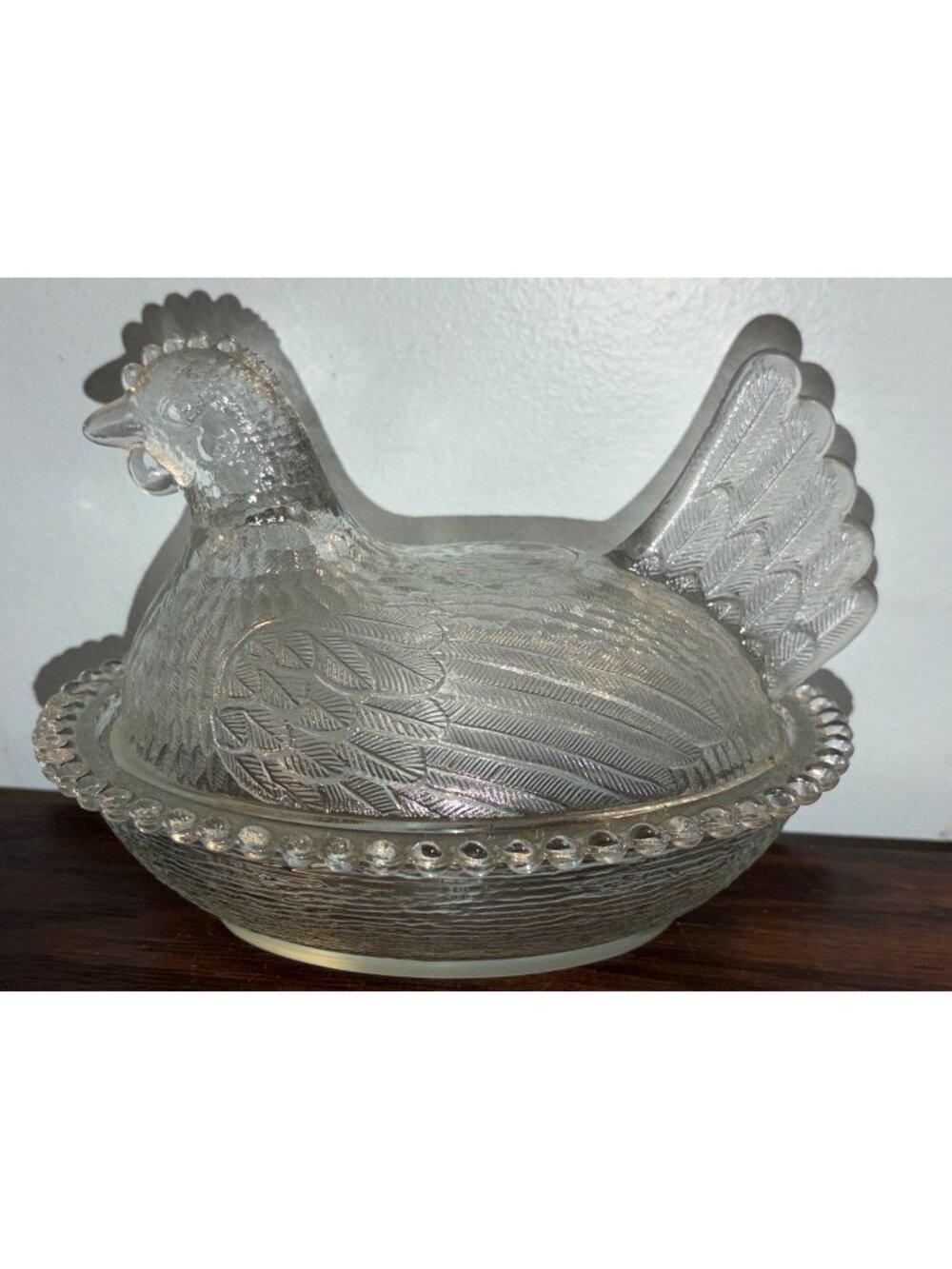 Vintage Indiana Glass Hen On Nest Covered Dish Beaded Edge - Decorative Clear